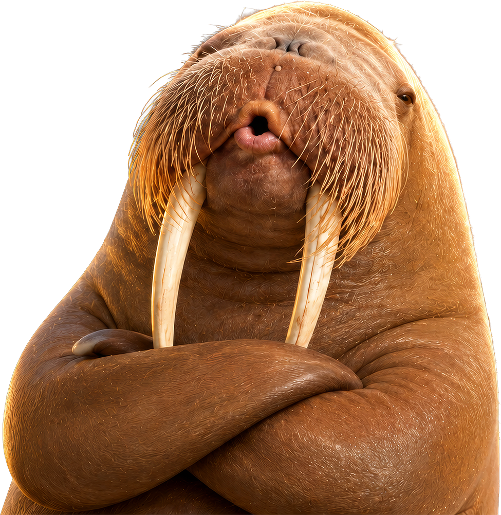 Oscar the walrus, arms crossed, looking extremely unbothered